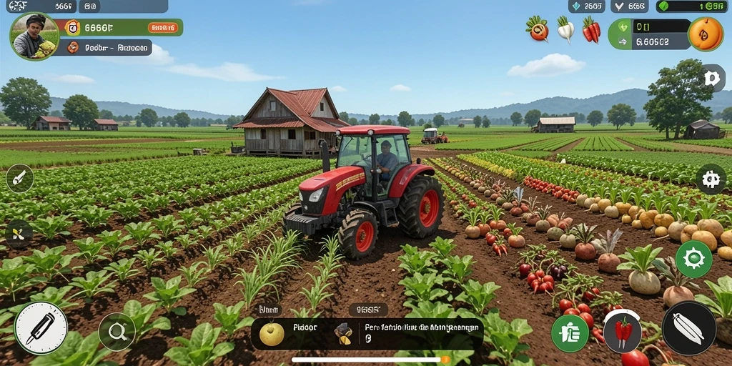Screenshot menunjukkan gameplay seru di lahan pertanian.