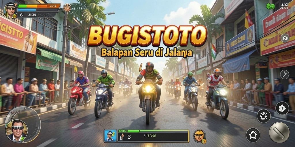 Screenshot menunjukkan aksi balapan seru di BUGISTOTO dengan kendaraan cepat.