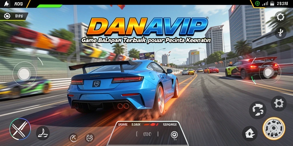 Screenshot gameplay menampilkan mobil balap di lintasan yang menegangkan.