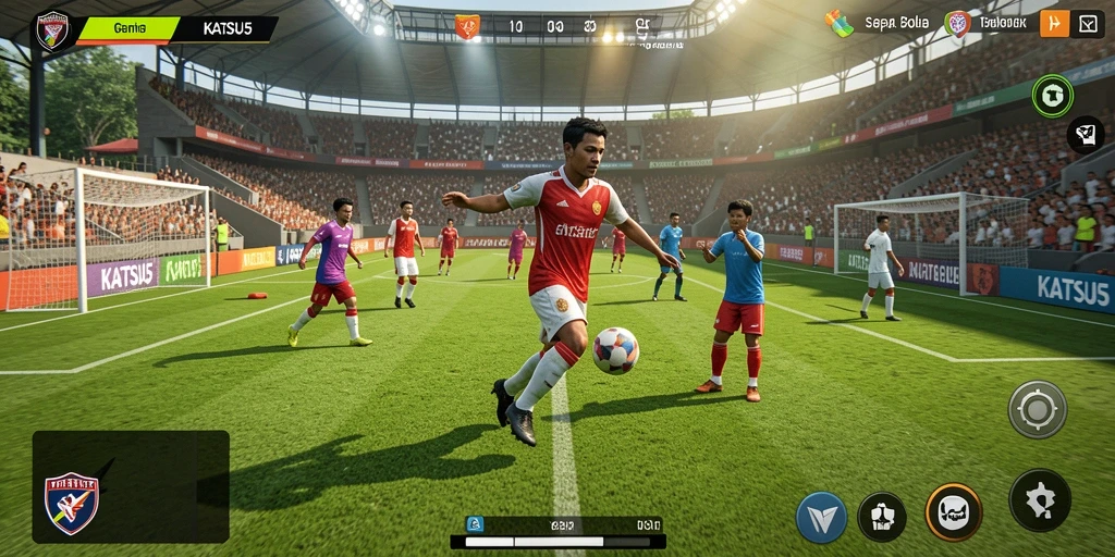 Tangkapan layar permainan KATSU5 dengan aksi sepak bola yang mendebarkan.