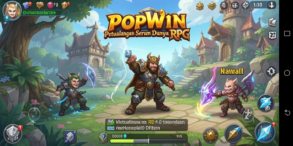 Screenshot gameplay <strong>POPWIN</strong> menunjukkan pertarungan intens dan karakter yang menarik.
