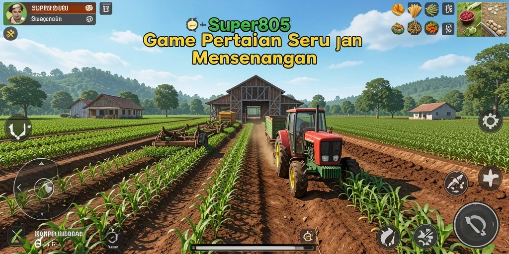 Tampilan permainan SUPER805 dengan aksi bertani yang seru dan tanaman yang subur.