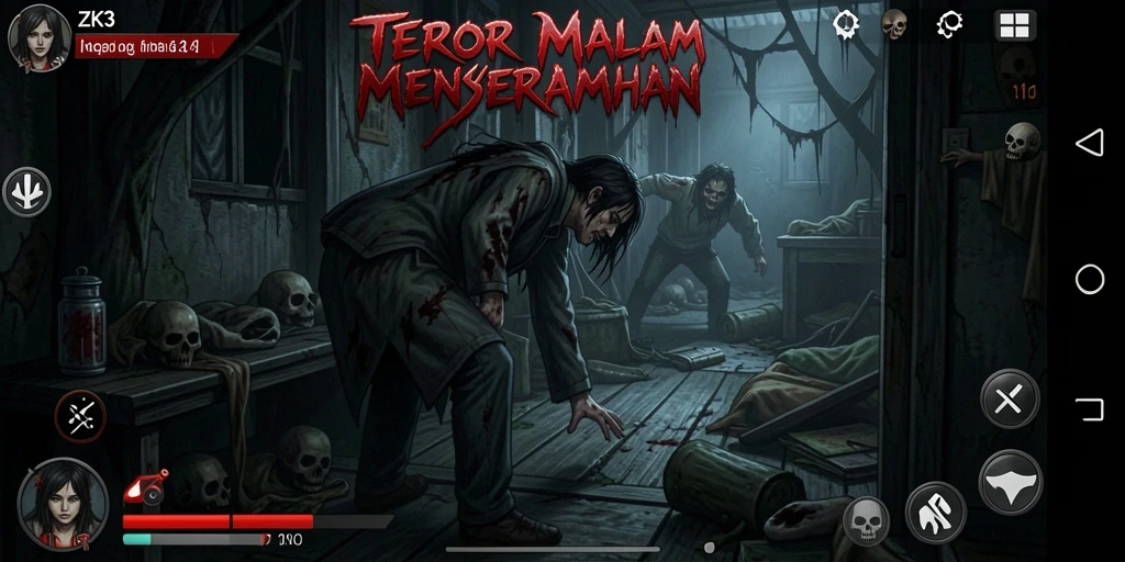 Screenshot gameplay ZK3 menampilkan momen menegangkan saat karakter dikejar makhluk menyeramkan.